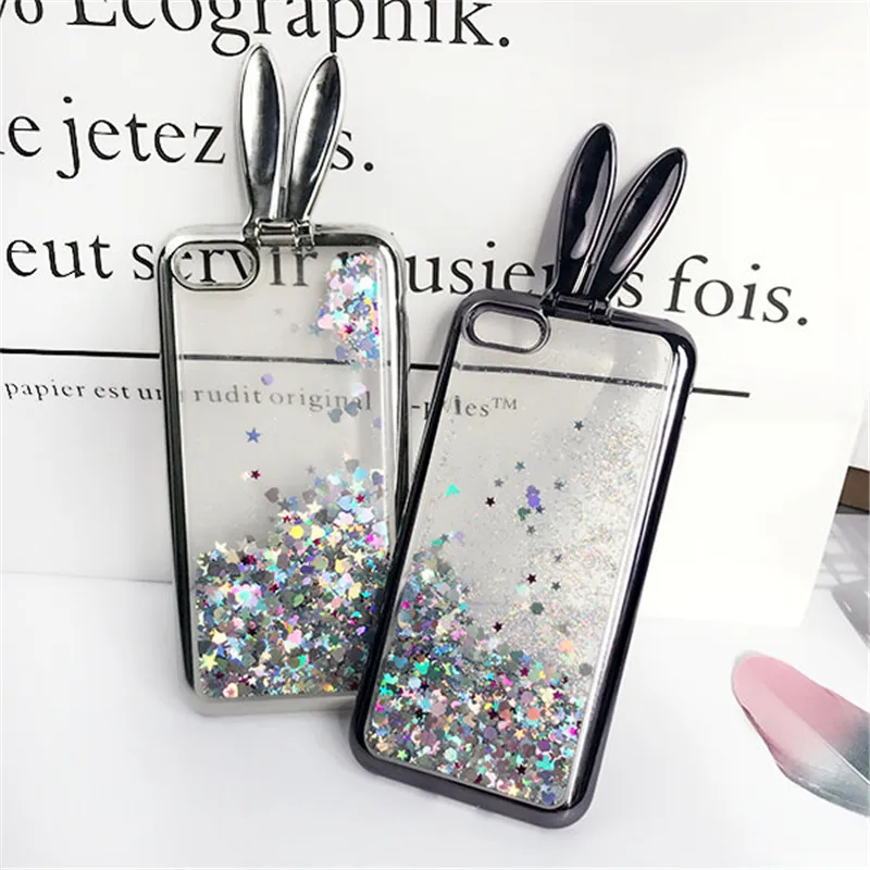 3D Cute Rabbit Ear Stander Case For iPhone 8 8plus Soft Silicon Glitter Liquid Quicksand 6 6plus 7 7plus Girl Cover | Мобильные