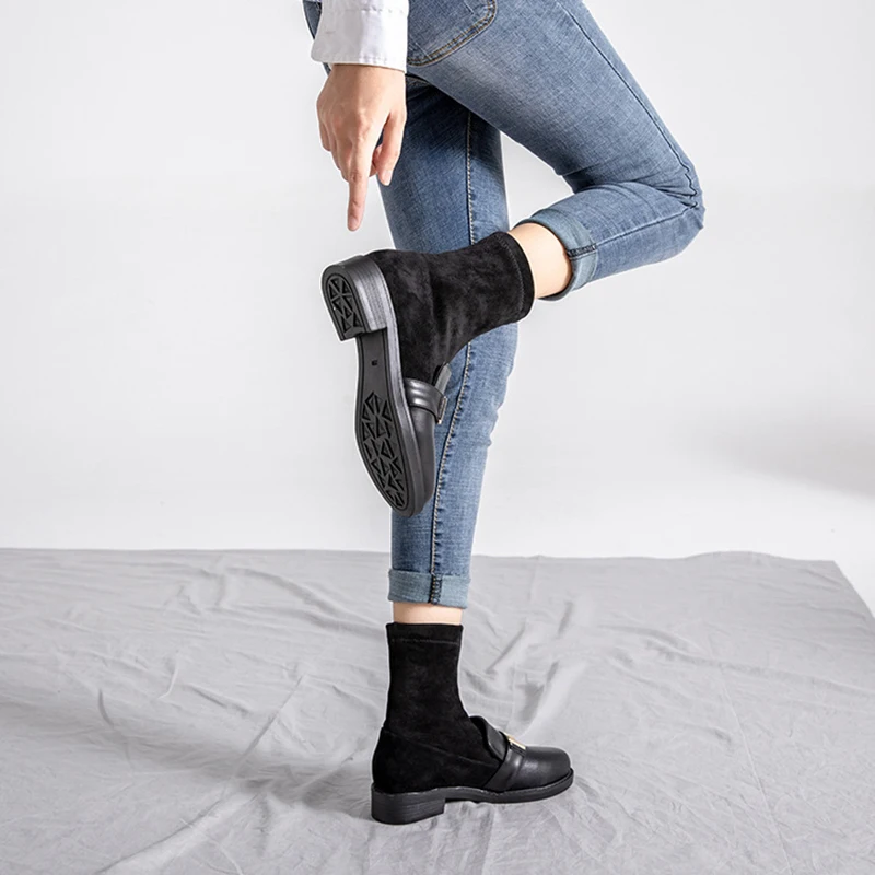 Эластичные флоковые носок Мартин botines Лоскутные кожаные ботильоны botas mujer