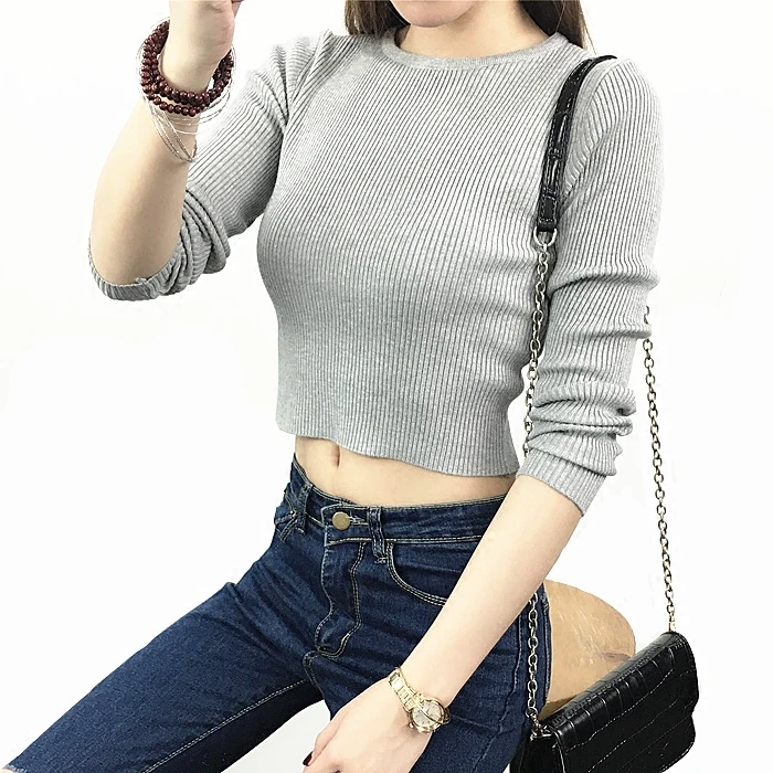 

Spring Autumn Tops Women O-neck Long Sleeve Clothing Crop Tops Feminine White black Knitted Cropped Tops for Girl T Shirt 1306
