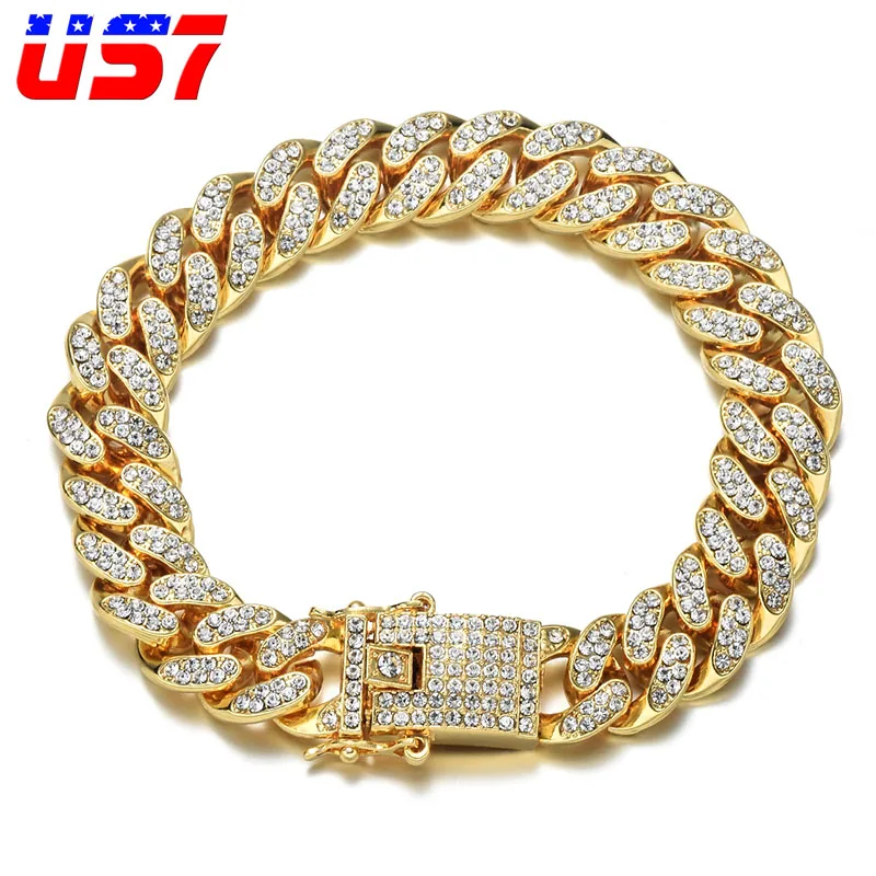 US7, Bling Iced Out, кубинская цепочка, полностью проложенный кристалл, мужской браслет, золотой, серебряный цвет, браслеты для мужчин, ювелирные изделия - Окраска металла: Gold