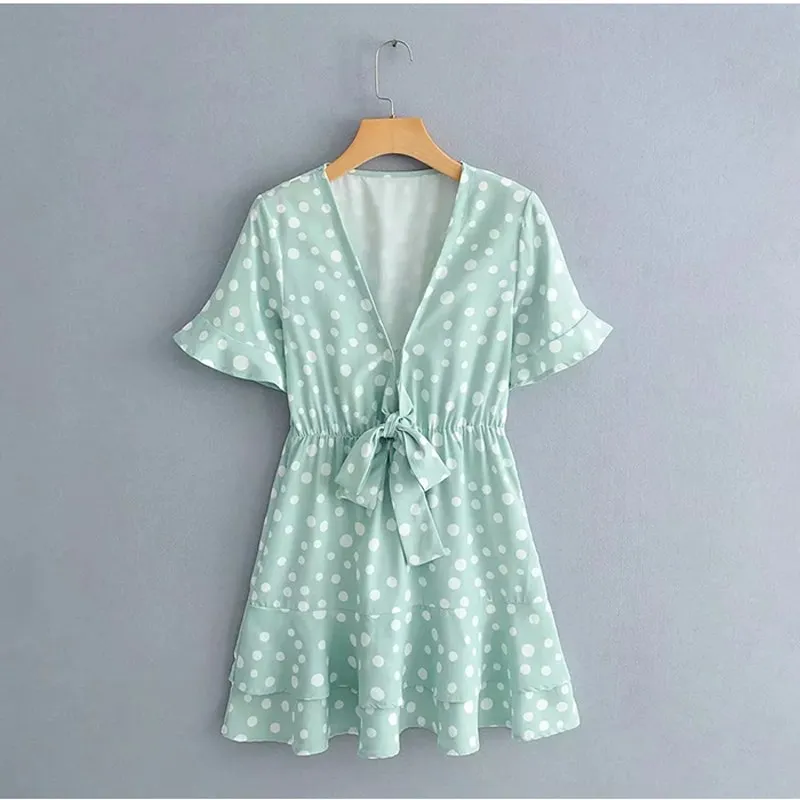 2019 Fashion Women Polka Dot Casual Dress Lace Up Ruffles Mini Party Flare Sleeve Beach | Женская одежда