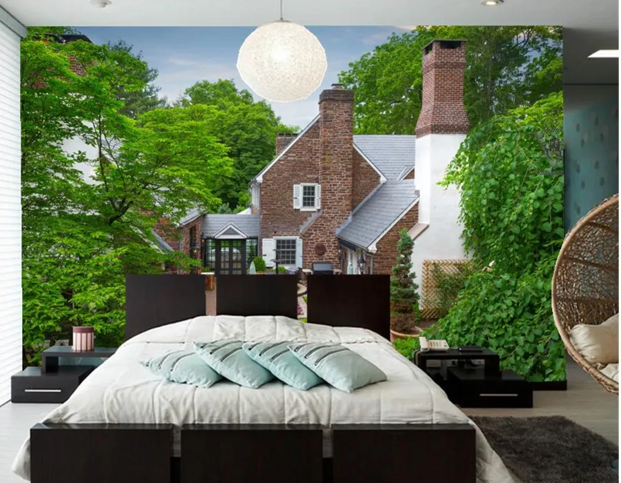 Большие фрески дома фонтаны особняк дизайн деревья города обои гостиная диван ТВ