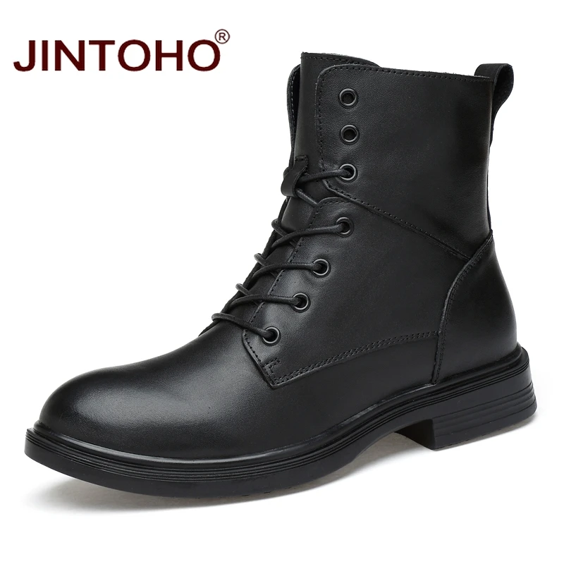 Ботинки JINTOHO мужские из натуральной кожи модные черные сапоги до середины икры