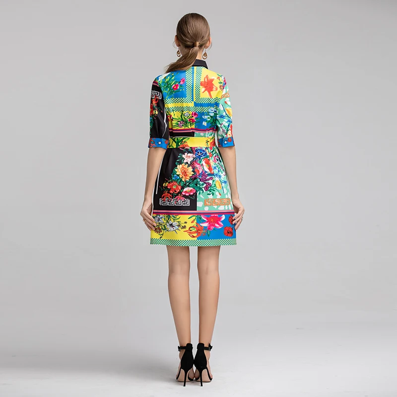 XF Bohemian 2019 модные дизайнерские с отворотом рукавом 1/2 цветочный принт + пояс летние