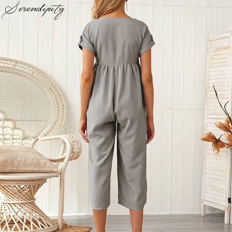 SRDP Однотонный женский комбинезон с круглым вырезом и пуговицами богемный