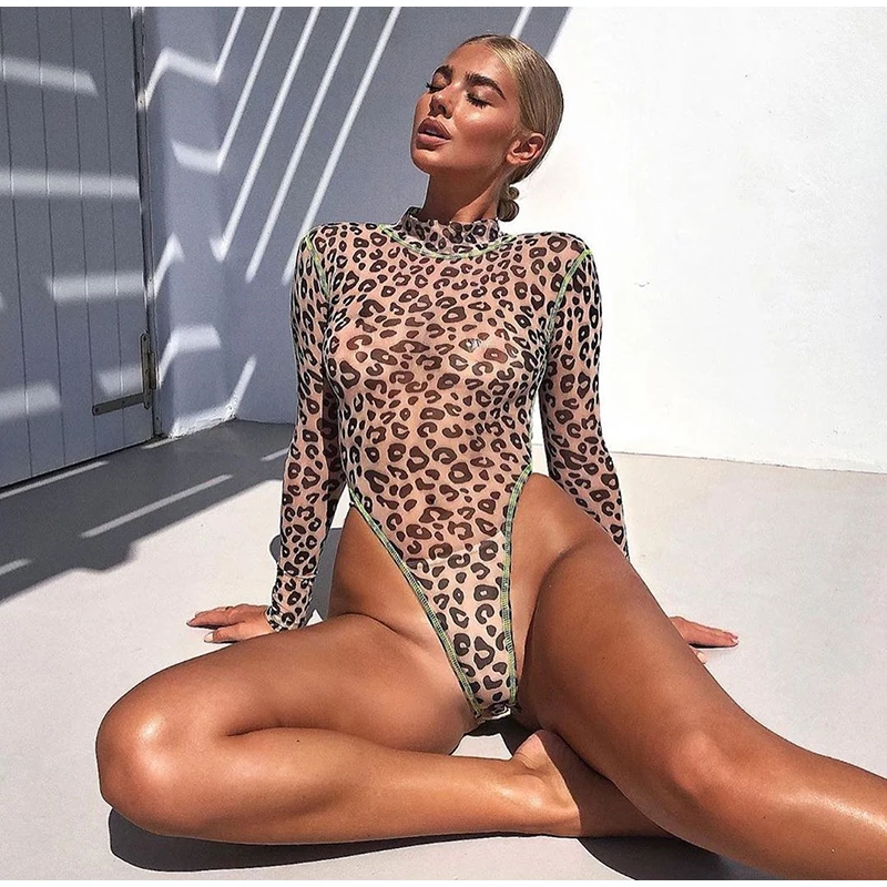 Leopard Сексуальное леопардовое боди Colysmo, комбинезон с длинным рукавом для женщин, прозрачные сетчатые, контрастные цвета, в полоску, с высоким вырезом, повседневные Комбинезоны - Цвет: Leopard