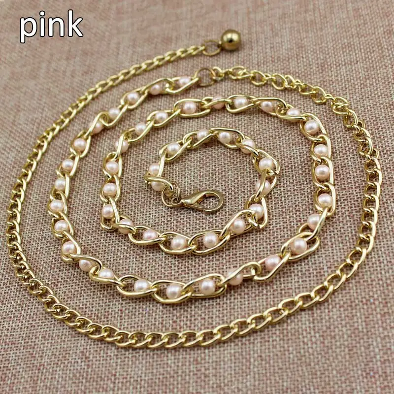 Pink Модная Элегантная Дамская поясная цепочка с жемчугом металлическая цепочка пояс дикий тонкий пояс женское платье украшение ремни богемный тонкий пояс - Color: Pink