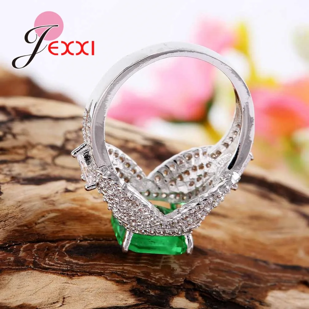 

New Arrival Square Green Crystal Wedding Engagement Ring With Clear Cubic Zirconia Women 925 Sterling Silver Party Rings