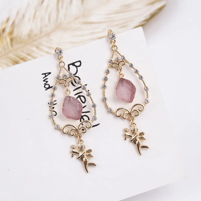 Серьги-подвески женские в форме капли воды с розовыми кристаллами 5C4025 | Украшения