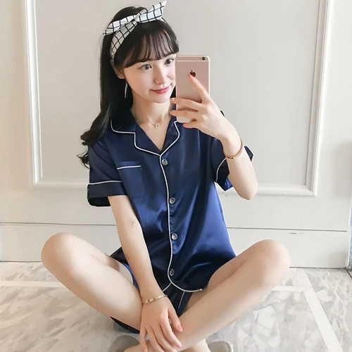B Navy Blue Шелковые женские Пижамы, женские шелковые атласные пижамы с коротким рукавом, пижамный комплект, одежда для дома, Пижамный костюм - Цвет: B Navy Blue