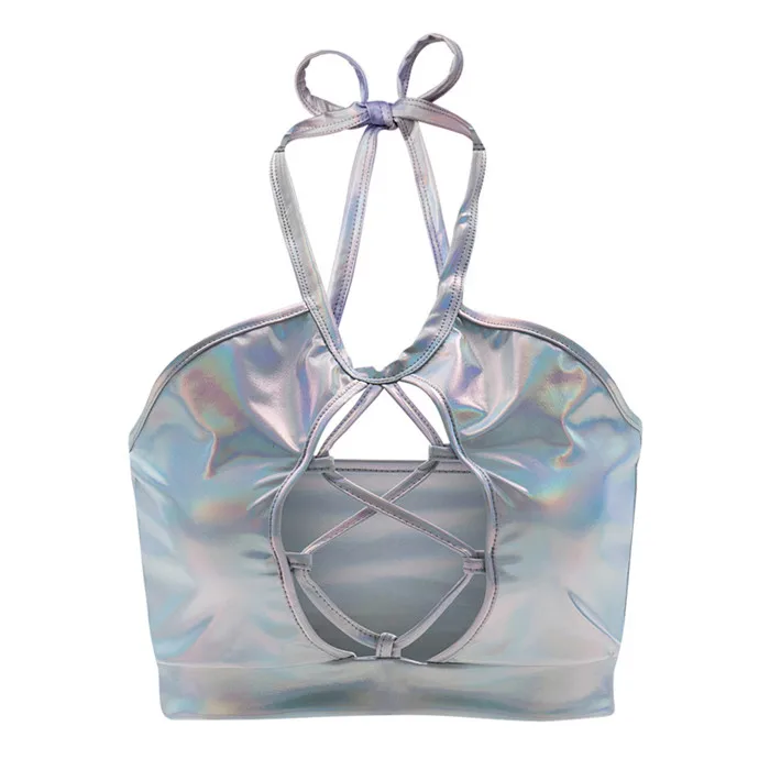 Silver Holographic FestivalQueen блестящие голографические Топы металлического цвета, сексуальные тонкие топы с открытой спиной, Холтер, уличная одежда, укороченный Топ для женщин - Цвет: Silver Holographic