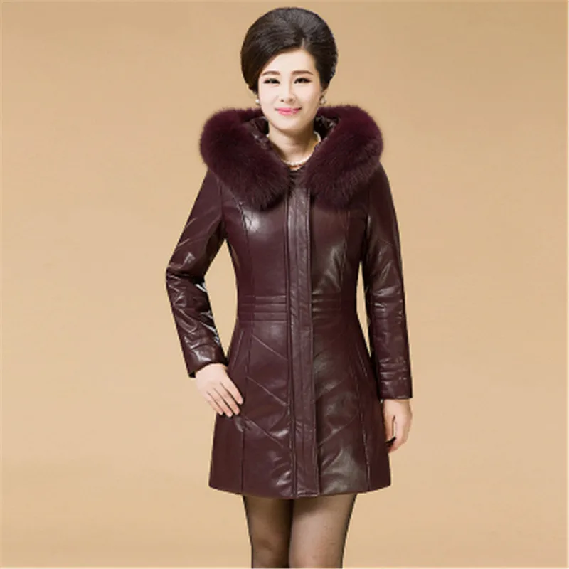 Red wine Кожаная куртка, хлопковое пальто для женщин,, зимний топ, толстый, теплый, Parker, меховой воротник, с капюшоном, пальто, плюс размер, L-6XL, пуховик, хлопок, пальто s N079 - Цвет: Red wine