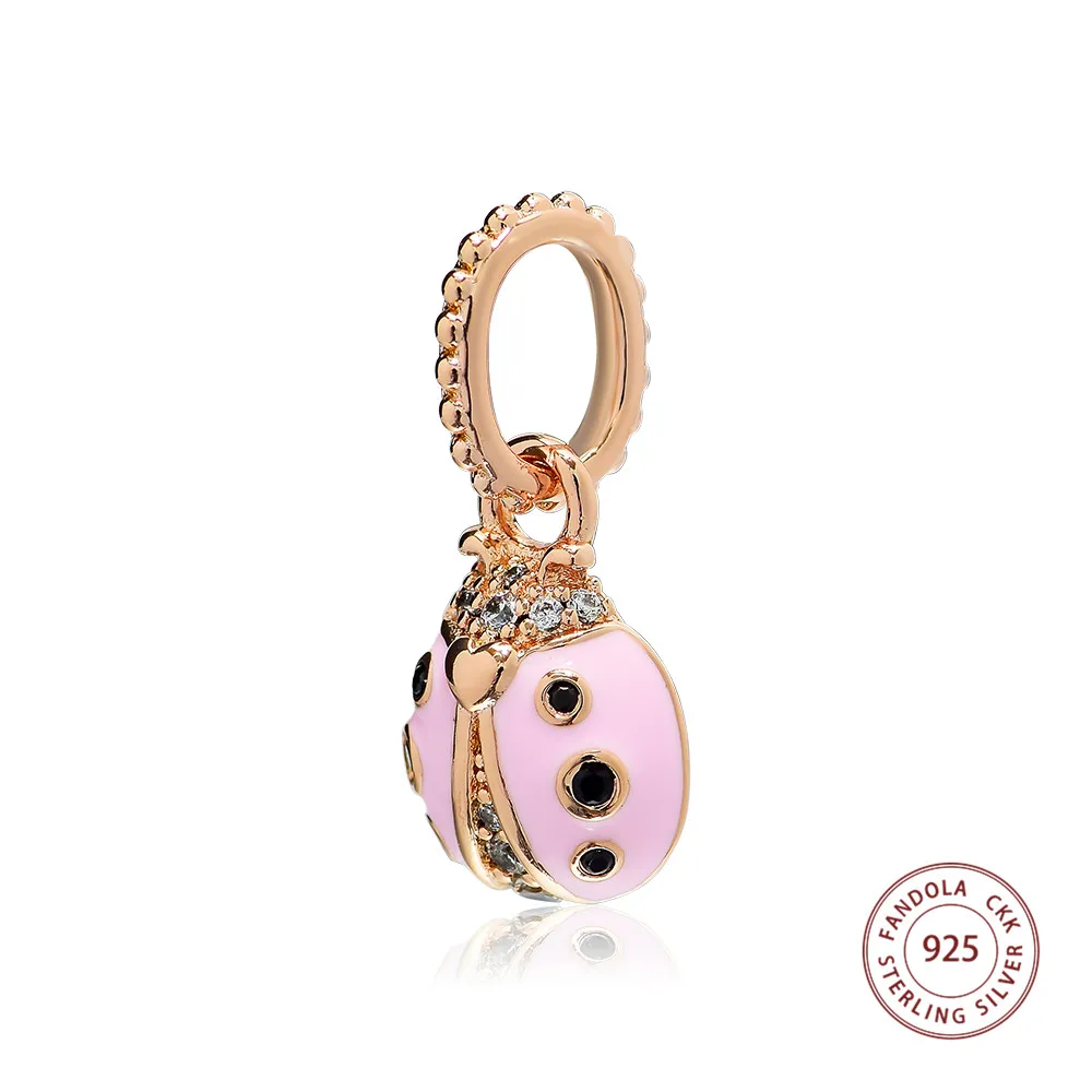 Fandola Fit Berloque талисманы браслет 925 пробы Серебряная роза Lucky розовый Божья коровка цепочки и ожерелья Шарм фирменные бусины серебряные украшения