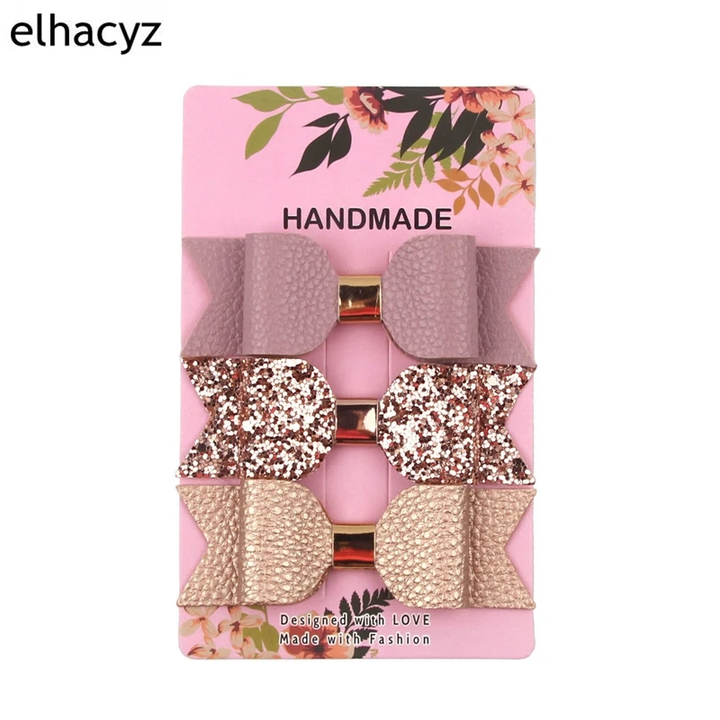 Barrette en cuir pailleté pour filles, 3 pièces/ensemble, pince à cheveux, or Rose scintillant, épingle à cheveux, cadeau de fête, couvre chef pour enfants  (0)
