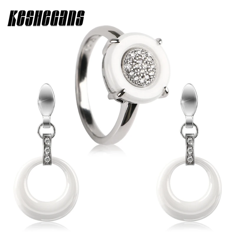 

Women Jewelry Set 2MM Wide Round Ceramic Rings And Hollow Round Crystal Drop Earrings White Color Wedding Jewelry For Women Gift