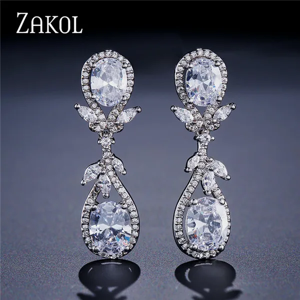 ZAKOL, модный дизайн, 2 шт., капли воды, кубический циркон, висячие серьги для женщин, для свадеб, вечерние, юбилейное платье, ювелирные изделия, FSEP2061 - Окраска металла: White