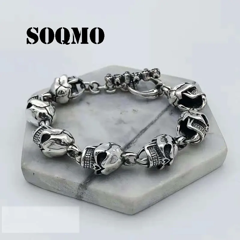 Мужской браслет с черепом SOQMO винтажный из стерлингового серебра 925 пробы в стиле