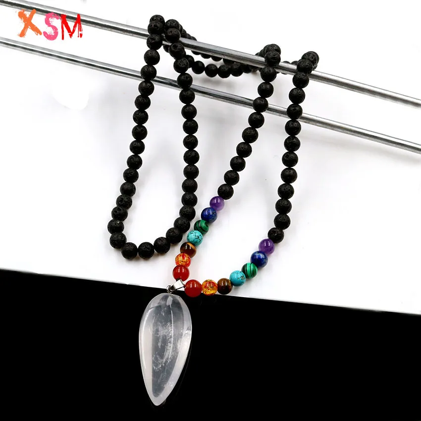Natural White Rock Crystal Irregular Pendant Black Lava Volcanic Stone Beads 7 Chakra Long Necklace Women Charm Jewelry | Украшения и