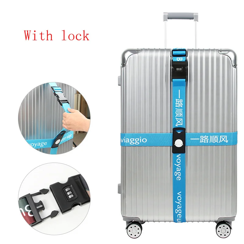 With lock blue Багажный ремень лента для чемодана три цифры ремень с паролем багажные ремни крест ремень Регулируемый дорожный аксессуар чемодан веревка - Цвет: With lock blue