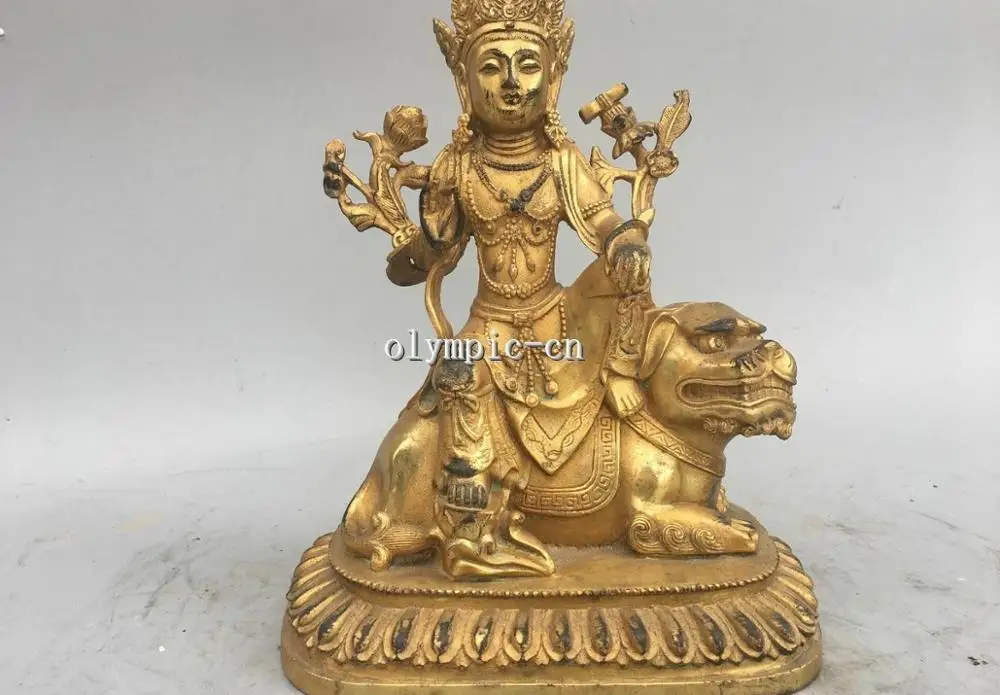 

12'' Bronze Gild carved buddhism Avalokitesvara Manjusri Bodhisattva on Lion