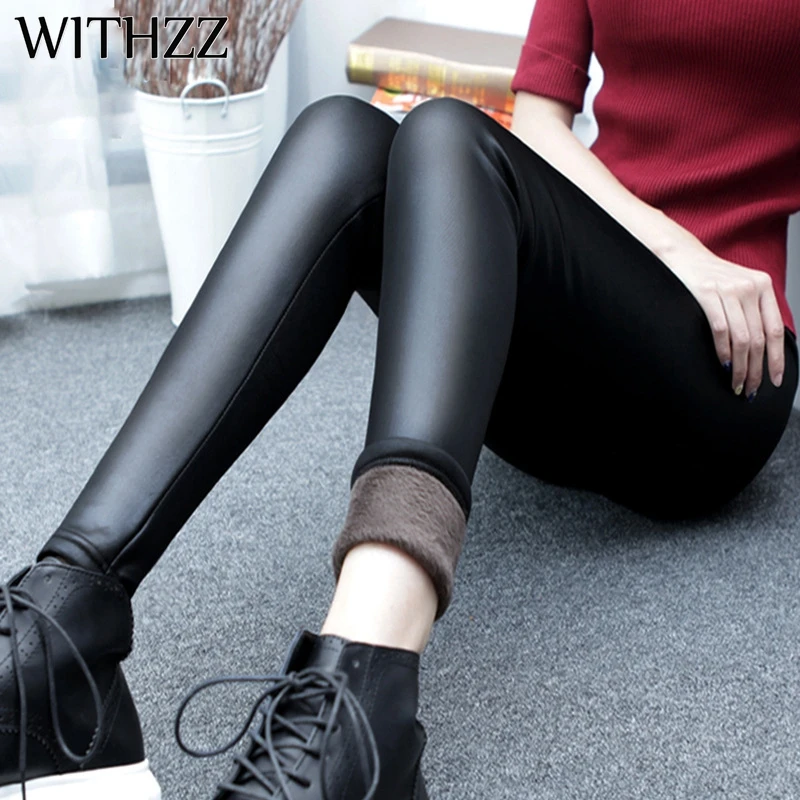 

WITHZZ Autumn Winter Velvet Thick High Waist PU Leather Pants Trousers Leggings Workout Leggings Womens Fashion Sexy