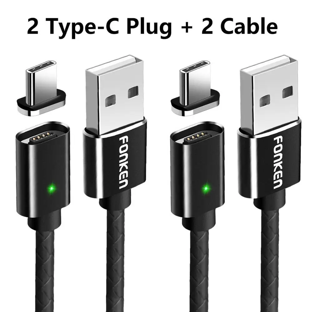 2 Plug 2 Black Cord Магнитный кабель FONKEN type-C, магнитный кабель USB C для телефона, 1 м, 2,4 А, светодиодный, для мобильного зарядного устройства, Тип C, двусторонний шнур для зарядки, кабель для синхронизации данных - Цвет: 2 Plug 2 Black Cord