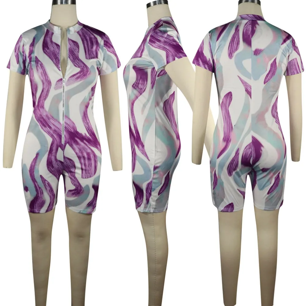 

2019 Summer Print Short Zipper New Arrival High Elastic Sexy Women Jumpsuits Female Playsuits Rompers Plus Size
