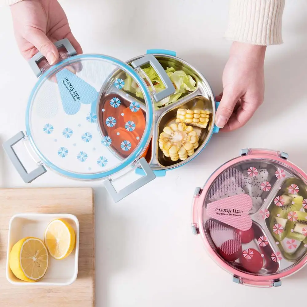 Ланч бокс из нержавеющей стали с 3 ячейками круглая герметичная коробка для