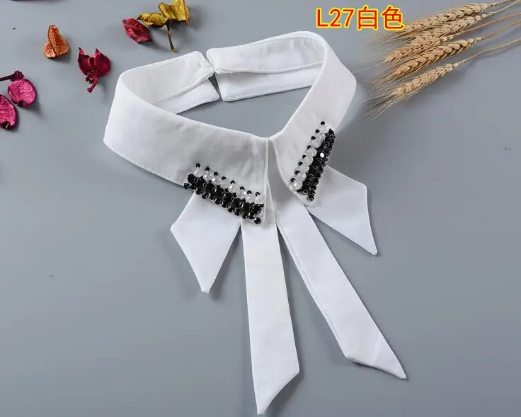 

Women's Korean Fashion bow ribbon shirt fake collar lady's vintage beaded white cotton Ties & Detachable Collar R780