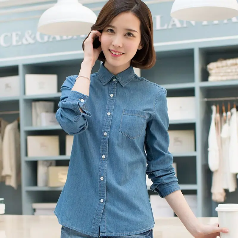 Новинка женская одежда джинсовые рубашки из 100% хлопка с эффектом потертости