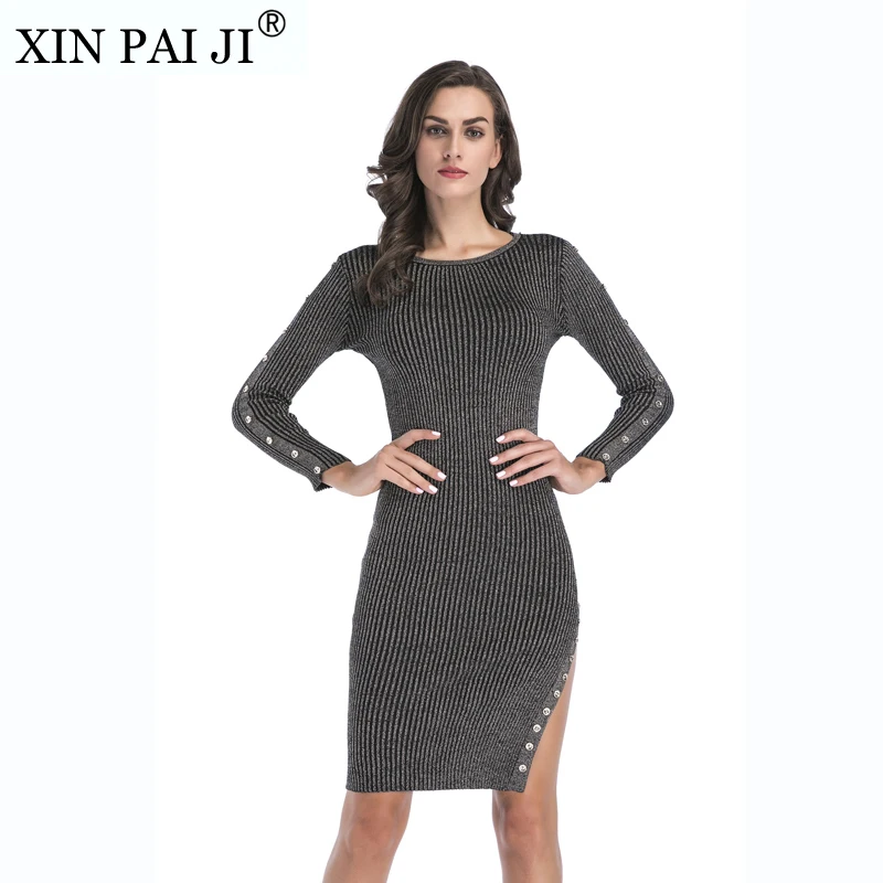 2018 осенне зимние платья для женщин с О образным вырезом и длинным рукавом