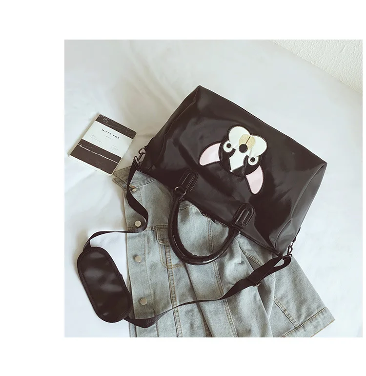 Fashion Casual PU Leather Travel Bags Black Couple Cartoon Dog Embroidery Overnight Weekend Bag Short Trip GYM Big Hand Luggage