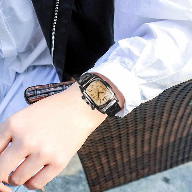 

KEVIN Casual Square Case Wrist Watch Black Khaki Dial Simple Sport Quartz Men Watches Creative Stainless Steel Fold Clasp Band