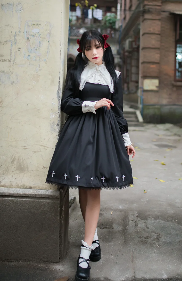 Платье в стиле панк, готика, Лолита, для девочек, темное, черное, для женщин, монашеское, винтажное, длинный рукав, монашка, вышивка крестом, платья для Хэллоуина