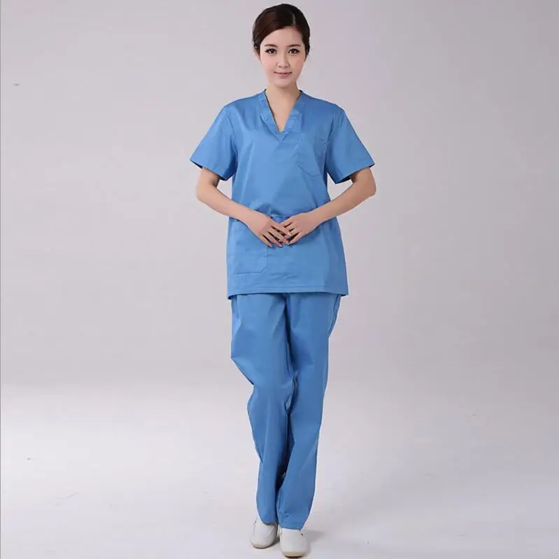 sky blue Новая модная медицинская хирургическая одежда с короткими рукавами для женщин, однотонные элегантные костюмы, комплект с раздельными кисточками - Цвет: sky blue