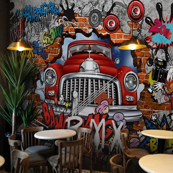 

3D photo wallpaper 3D personality graffiti wallpaper car breaking wall wallpaper bar lounge KTV box Cafe wallpaper mural