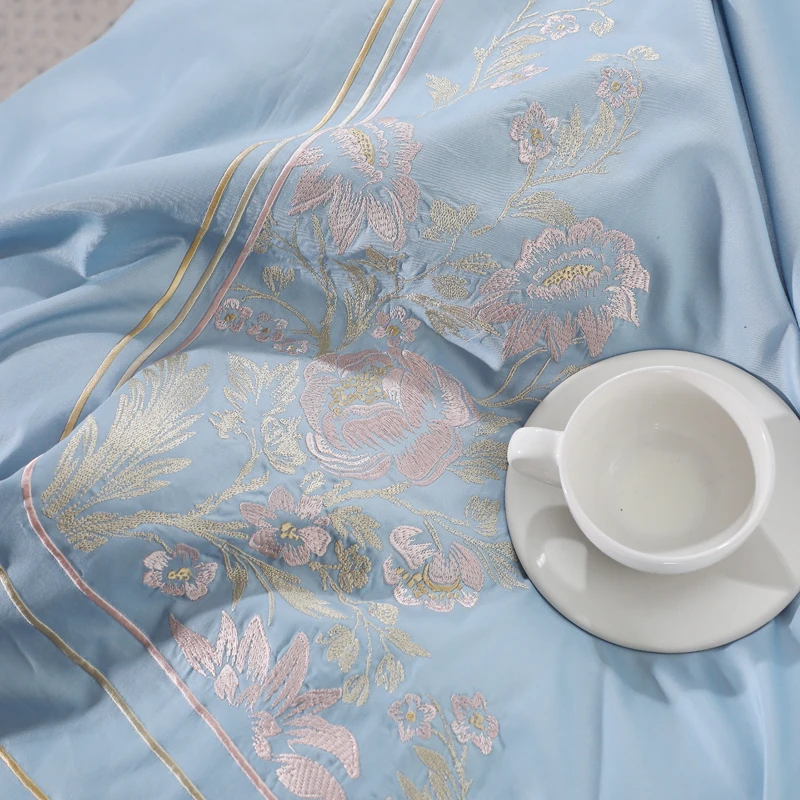 

4 Piece Plant Embroidery Blue Bedding Sets Cotton 650 Thread Count Density Bed Linen Set Queen King Size Luxury Adult Bed Set