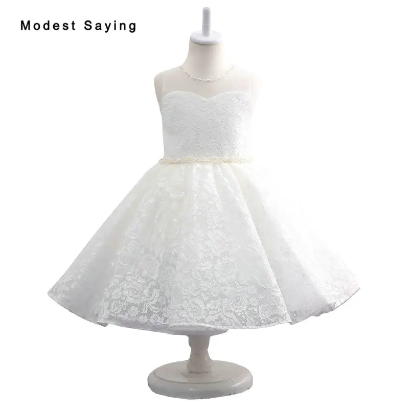 

2017 New Ivory Lace Flower Girl Dresses with Pearls Knee-Length Wedding Pageant Gowns First Communion Dresses for Little Girls