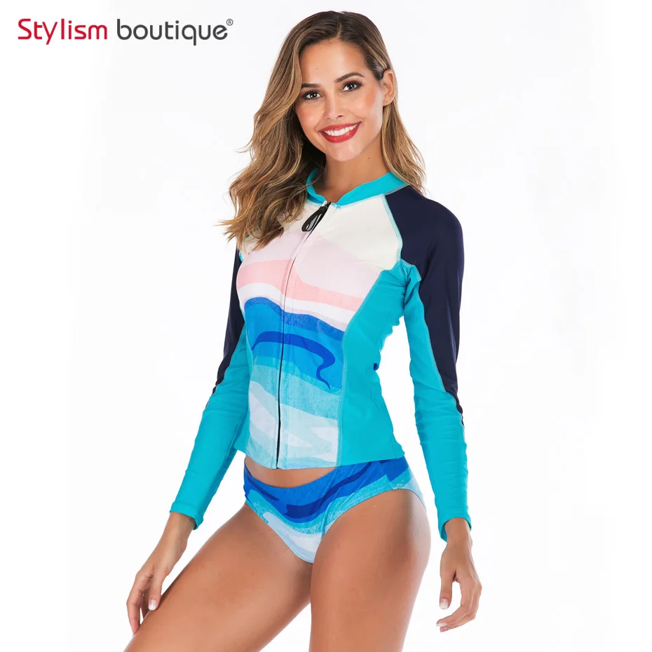 New Rashguard Padded Long Sleeve Swimsuit Surfing Rash Guard Women Two Piece Swimwear Separate Tankini Sport Bathing Suit