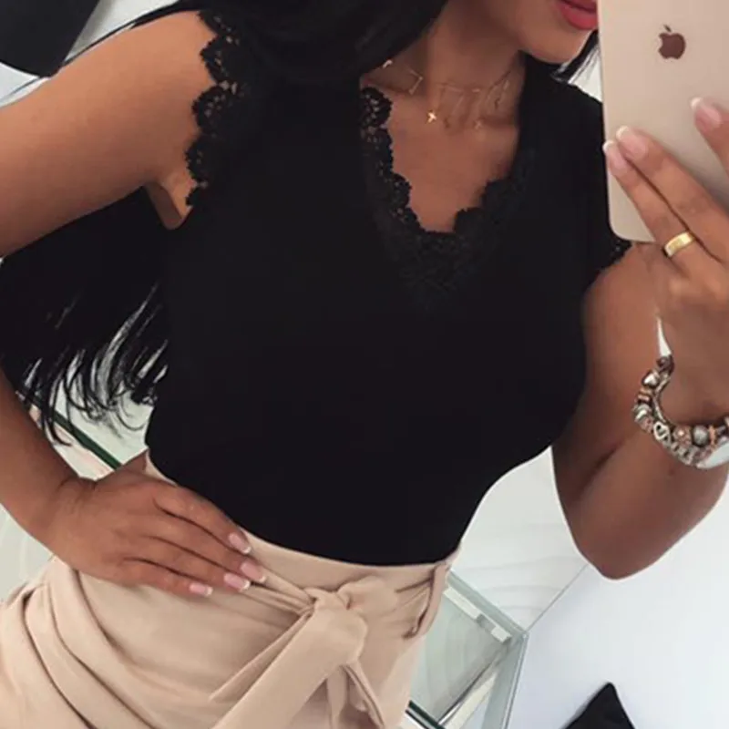 Майка женская с V образным вырезом пикантная кружевная повседневная короткая