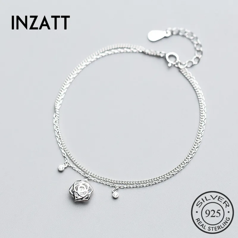 

INZATT Romantic Real 925 Sterling Silver Hollow Rose Flower Crystal Double Layer Bracelet Fine Jewelry For Women Wedding Party
