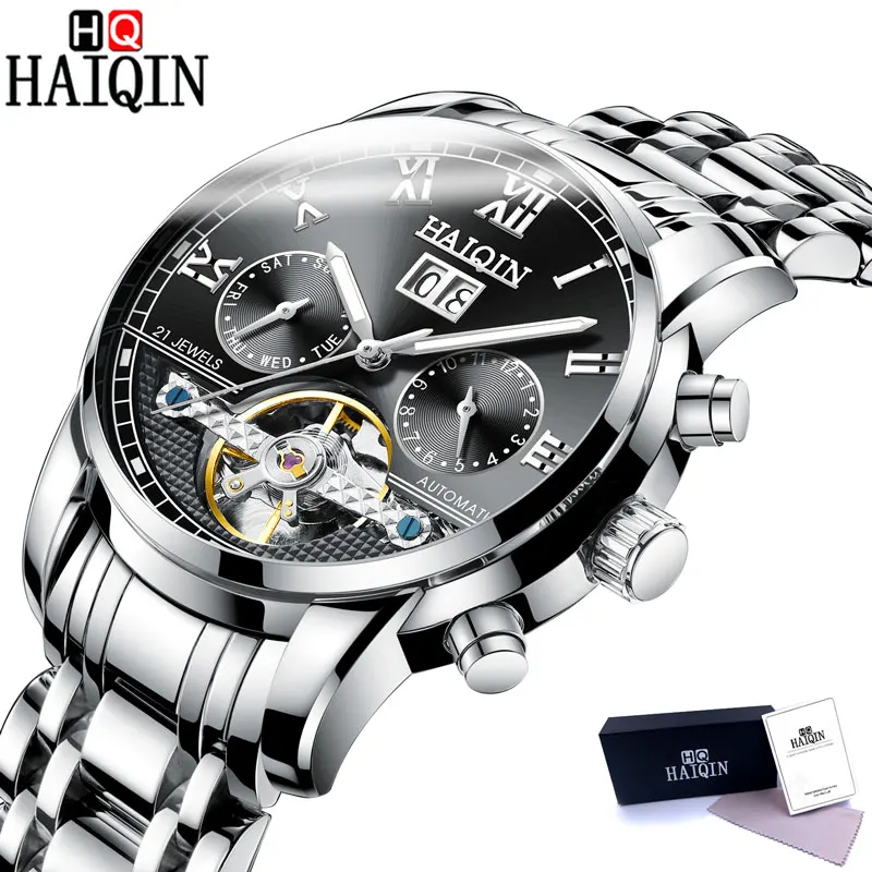 Silver Black S Топ бренд класса люкс HAIQIN Мужские часы механические часы мужские часы автоматические часы мужские Водонепроницаемые турбийон Relogio Masculino - Цвет: Silver Black S