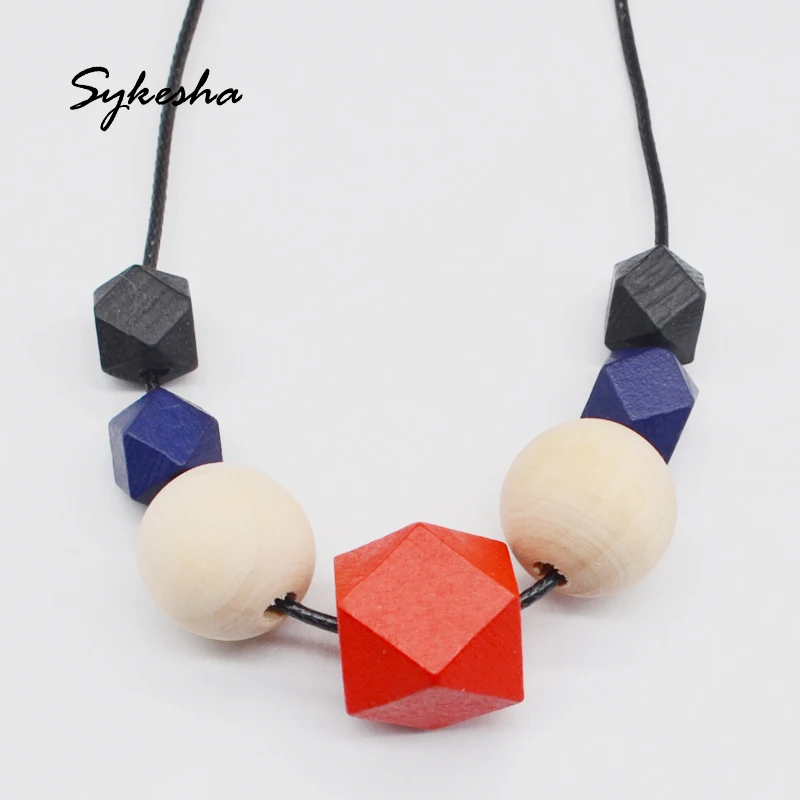  New Hot Selling Wood Geometric Beaded Necklace Chunky Faceted Wooden Beads Wax Cord Colorful Charm Statement | Украшения и