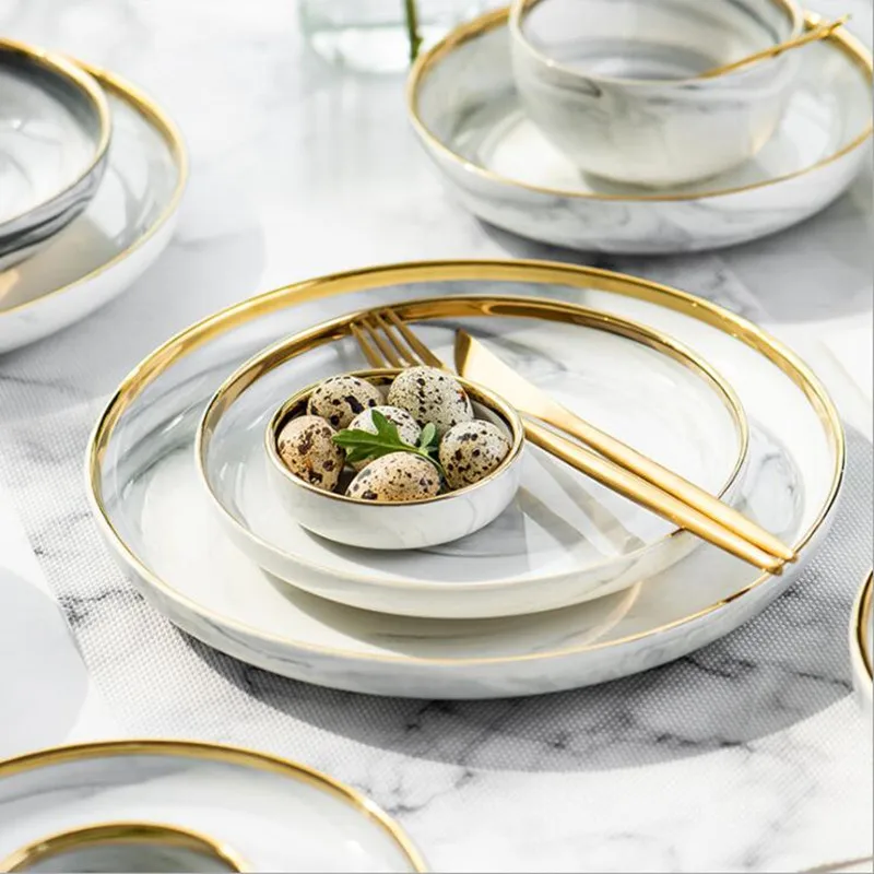 

Gold Marble Dinner Plate Set Ceramic Kitchen Plate Tableware Set Food Dishes Rice Salad Noodles Bowl Soup Kitchen Cook Tool 1set