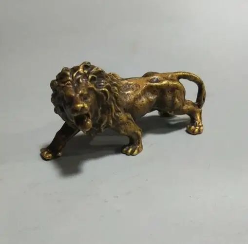 Китайская архаизированная маленькая статуя льва из чистой латуни #3