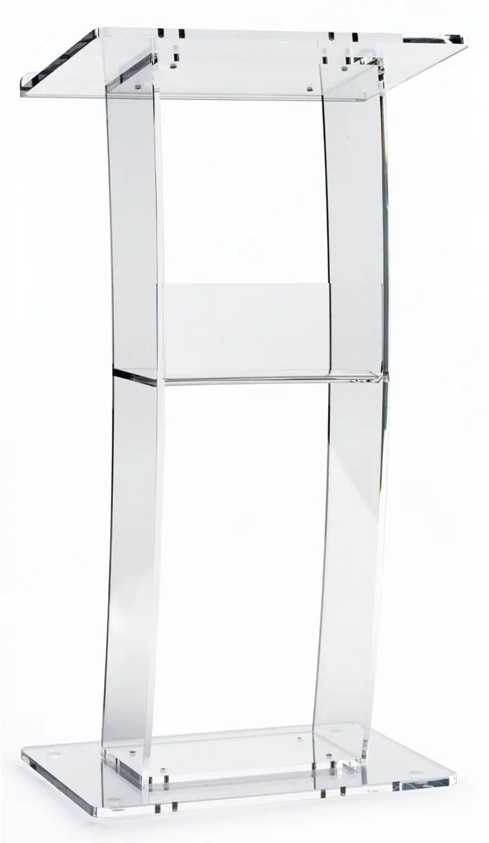 

Clear Lectern with Curved Pedestal 12mm Thick Acrylic Frame Built-in Shelf On Writing Surface Easy To Assemble Hardware Included