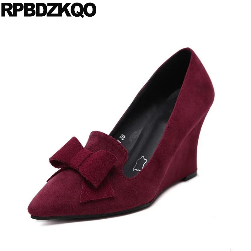 

Size 4 34 Suede Chic Wedge Bow Dress 3 Inch Gray Women Office Shoes Ladies Pointed Toe 2021 Wine Red Pumps Autumn New Chinese