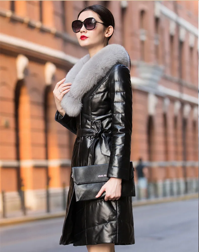 

Luxury Genuine Sheepskin Leather Suede Down Parkas Coat Jacket Fox Fur Collar Autumn Winter Women Slim Outerwear Coats LF4048