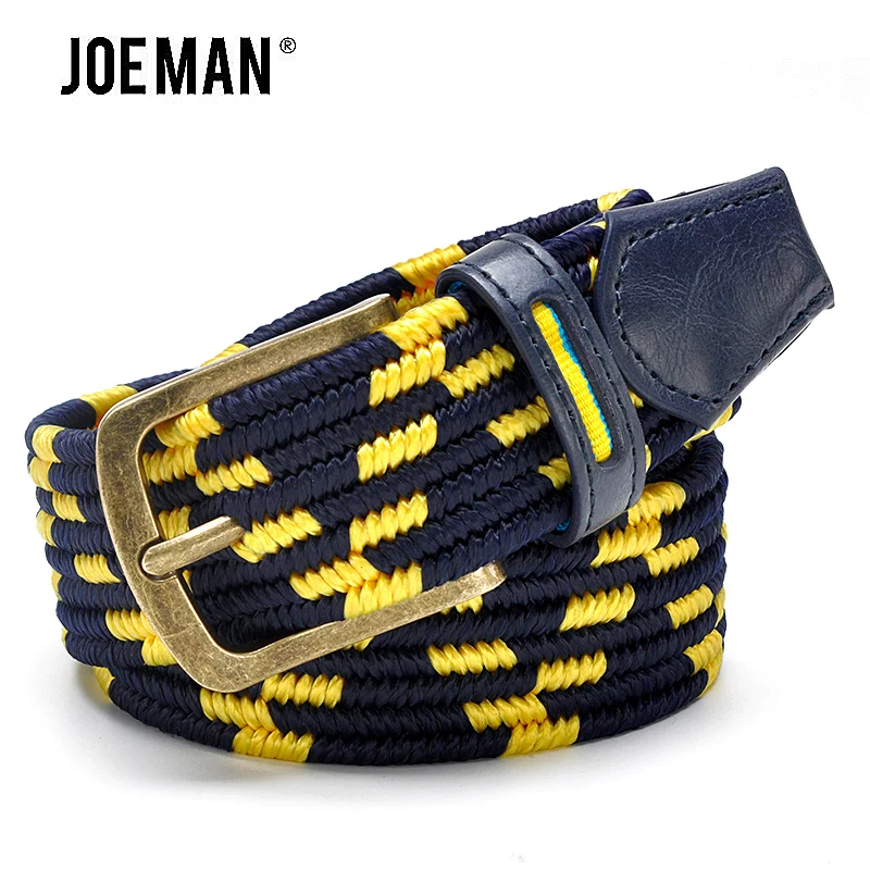 Fashion Men Stretch Belt With Braided Style  Antique Brass Buckle Yellow And Navy Color Strap Elastic Male Belts