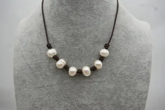 

Handmade Leather Pearl Jewellery 8-10mm White Natural Freshwater Pearl Necklace Black Leather Pearl Necklace Birthday Party Gift